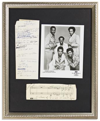 (ENTERTAINMENT--MUSIC.) Group of 4 framed displays of Temptations / David Ruffin memorabilia, including signed checks and a contract.